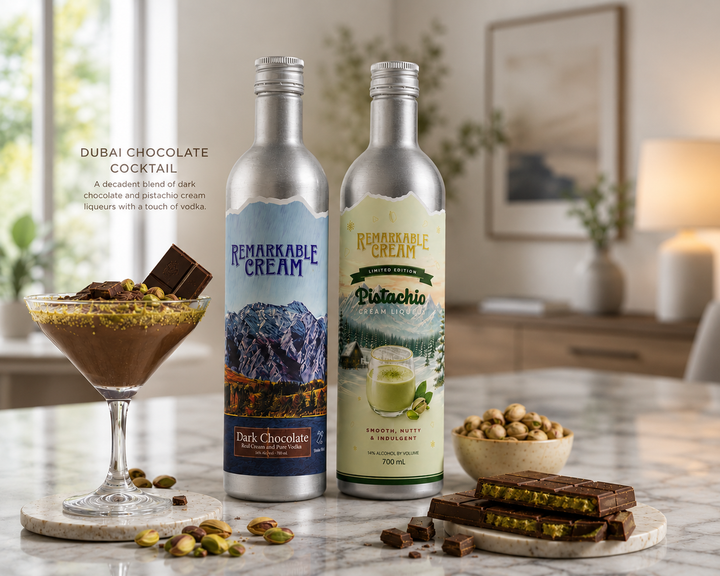 Two bottles of Remarkable Cream pistachio and dark chocolate cocktails on a table with a martini glass and snacks.