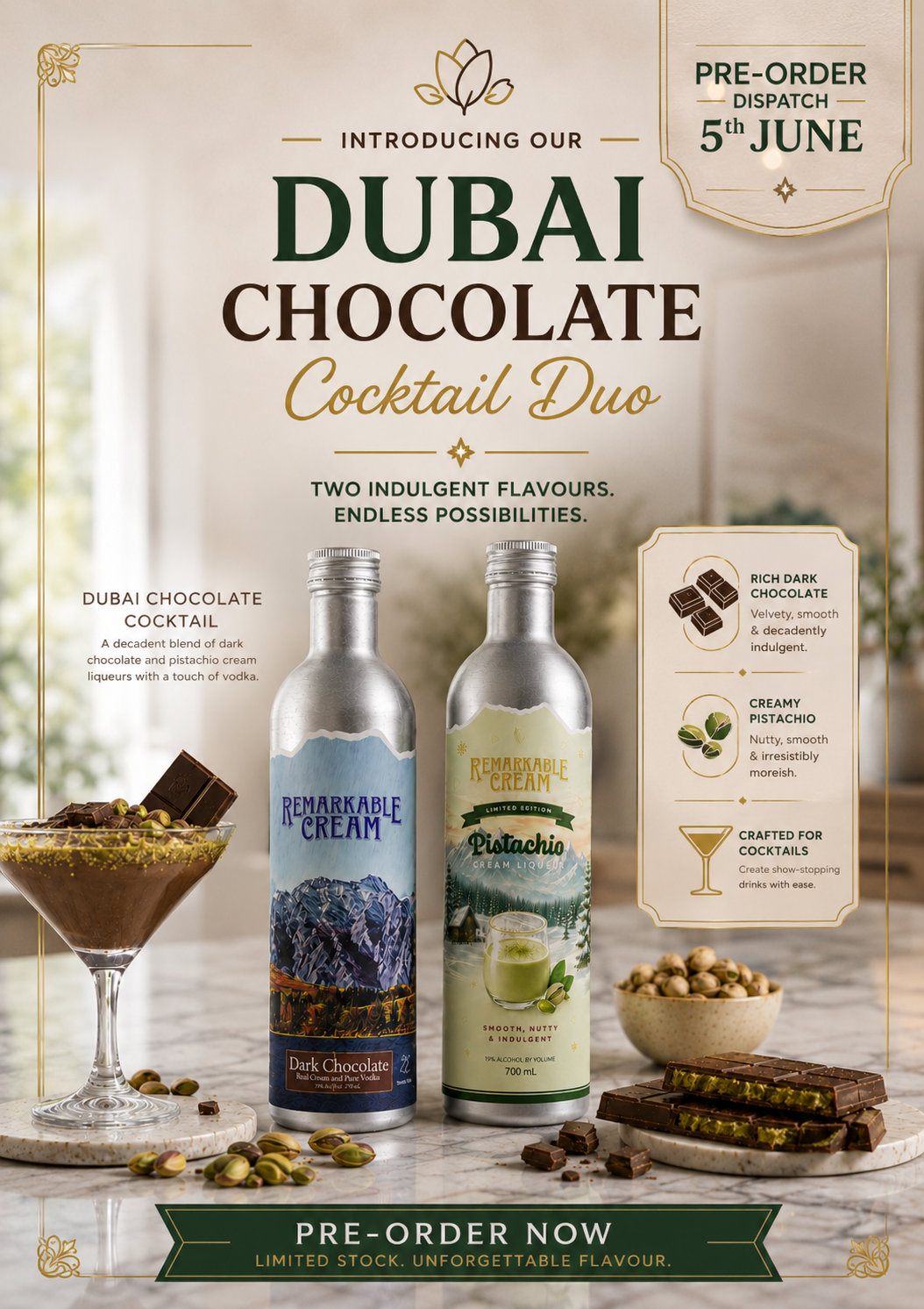 Remarkable Cream Dubai Chocolate Cocktail Duo - Pistachio Cream Liquor + Dark Chocolate Cream Liquor