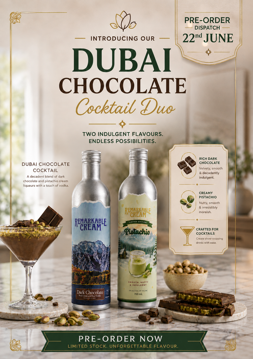 Remarkable Cream Dubai Chocolate Cocktail Duo - Pistachio Cream Liquor + Dark Chocolate Cream Liquor