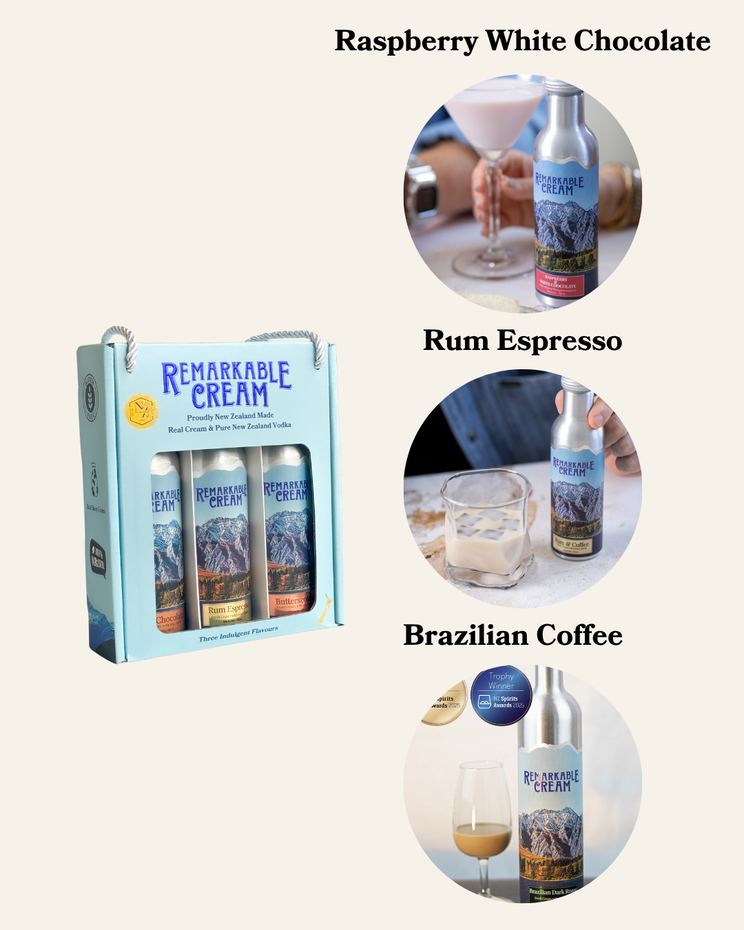 Remarkable Cream Discovery Pack 250ml x 3 (Raspberry, Rum Espresso, Brazilian Coffee)